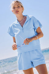 Beau Blue Ribbed Texture Half Zip Ruffled Short Sleeve Top and Shorts Set Short Sets JT's Designer Fashion