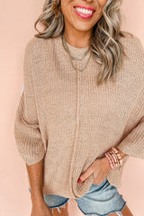Light French Beige Contrast Striped 3/4 Sleeve Crew Neck Sweater Sweaters JT's Designer Fashion
