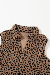 Khaki Leopard Print V Neck Sleeveless Collared Mini Dress Mini Dresses JT's Designer Fashion