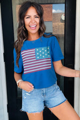 Real Teal American Flag Pattern Crewneck Tee Graphic Tees JT's Designer Fashion