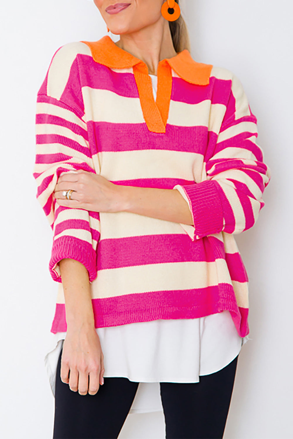 Rose Stripe Color Block Collared V Neck Drop Shoulder Sweater Rose Stripe 50%Viscose+28%Polyester+22%Polyamide Sweaters JT's Designer Fashion