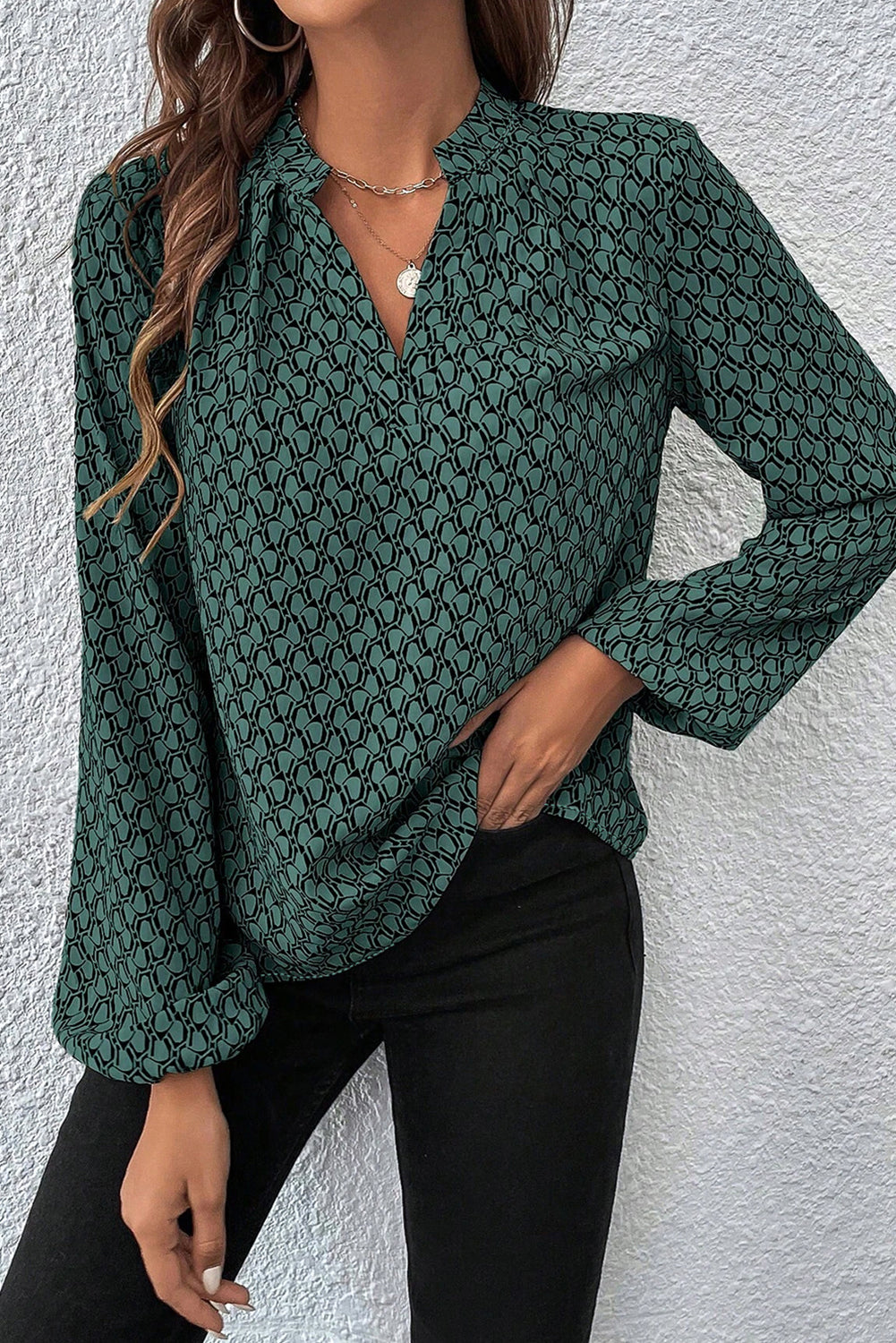 Green Geometric Print Notched Neck Puff Sleeve Blouse Blouses & Shirts JT's Designer Fashion