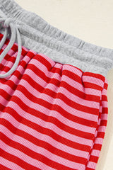 Red Stripe Drop Shoulder Baggy Pullover and Shorts Casual Set Short Sets JT's Designer Fashion