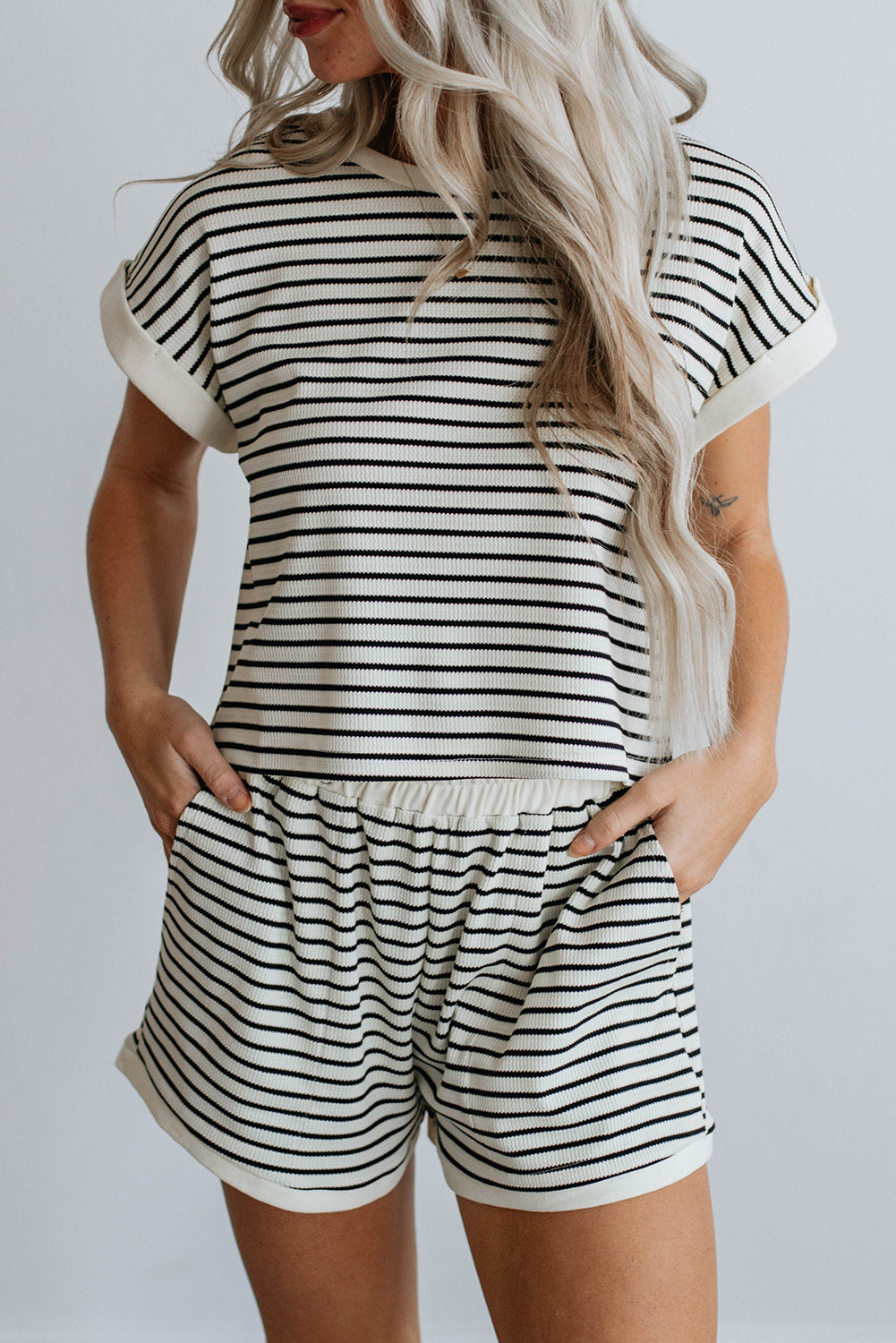 White Stripe Contrast Edge Tee and Shorts Set White Stripe 50%Cotton+47%Polyester+3%Elastane Short Sets JT's Designer Fashion