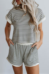 White Stripe Contrast Edge Tee and Shorts Set White Stripe 50%Cotton+47%Polyester+3%Elastane Short Sets JT's Designer Fashion