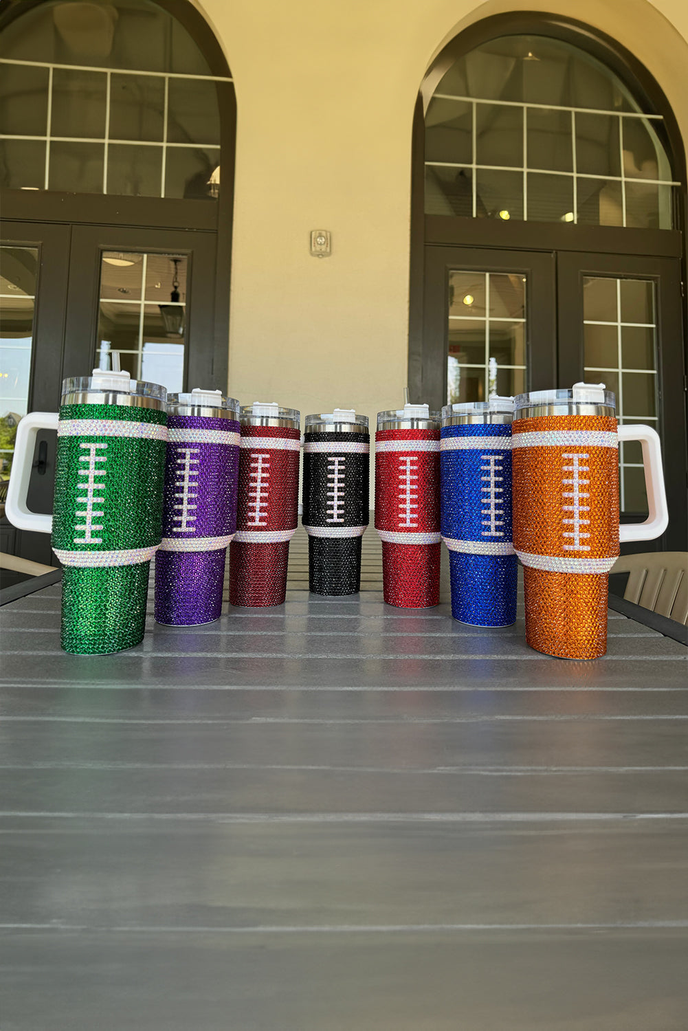 Dark Green Rhinestone Rugby Football Handle Vacuum Cup 40oz Tumblers JT's Designer Fashion