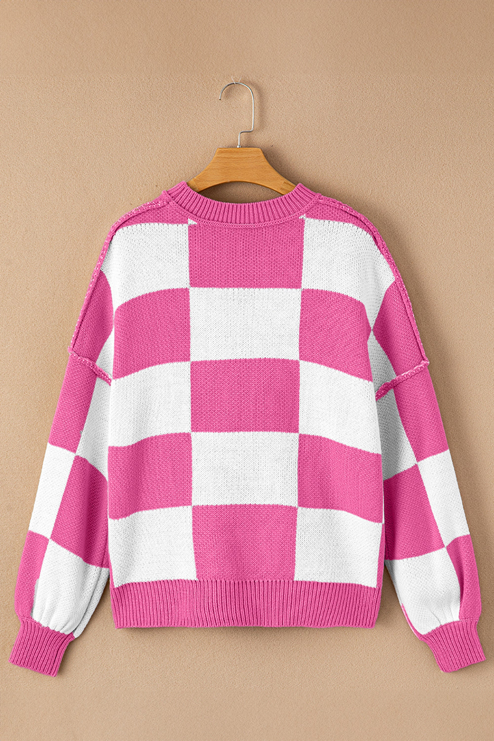 Rose Checkered Bishop Sleeve Sweater Sweaters JT's Designer Fashion