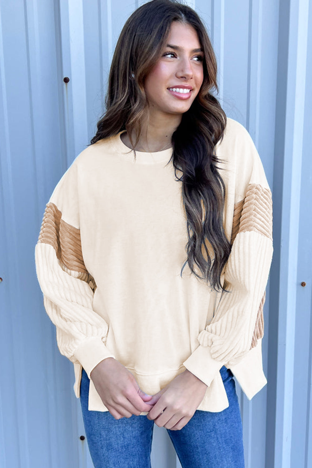 Apricot Corduroy Patchwork Drop Shoulder Long Sleeve Sweatshirt Sweatshirts & Hoodies JT's Designer Fashion