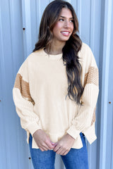 Apricot Corduroy Patchwork Drop Shoulder Long Sleeve Sweatshirt Sweatshirts & Hoodies JT's Designer Fashion