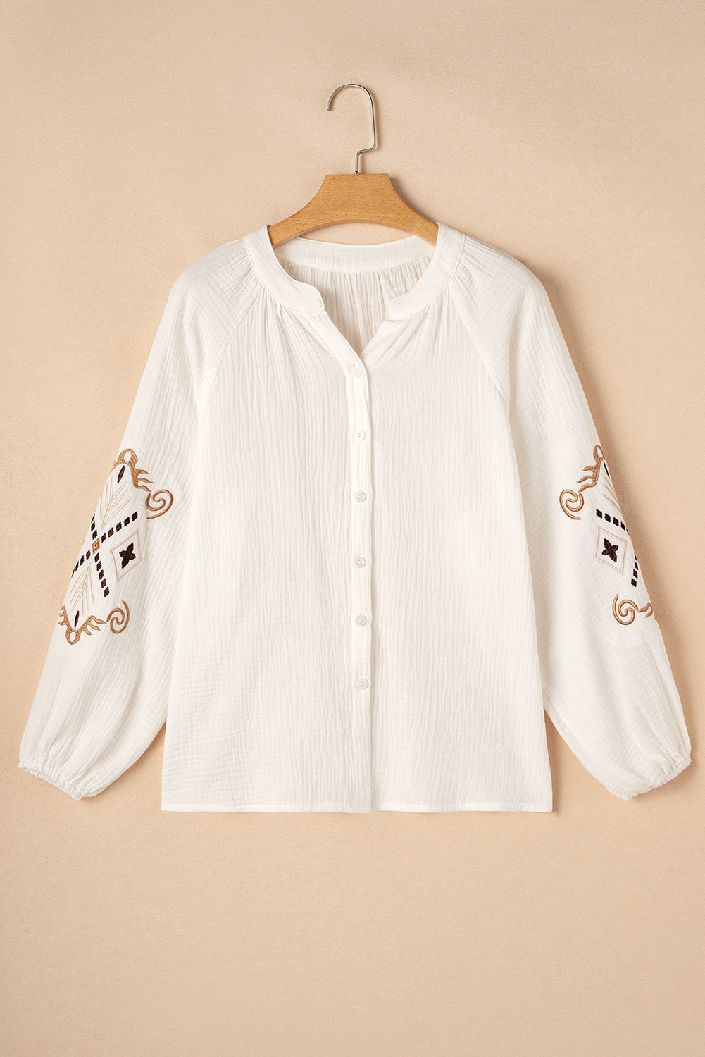 White Embroidered Textured Buttoned Crew Neck Shirt Blouses & Shirts JT's Designer Fashion