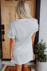White Stripe Ruffled Short Sleeve Crew Neck T Shirt Shift Mini Dress T Shirt Dresses JT's Designer Fashion
