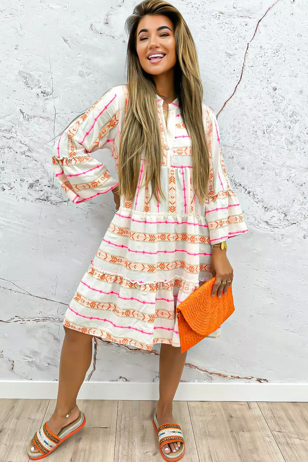 Orange Bohemian Printed Bracelet Sleeve Slit Neck Ruffled Loose Dress Mini Dresses JT's Designer Fashion