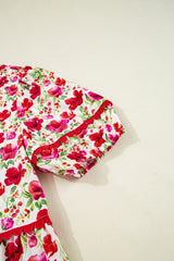 Red Floral Puff Sleeve Tiered Ric Rac Pocketed Mini Dress Floral Dresses JT's Designer Fashion