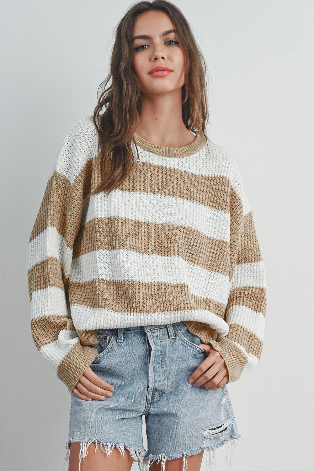 Light French Beige Colorblock Striped Drop Shoulder Side Slit Sweater Sweaters JT's Designer Fashion