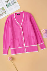 Bright Pink Color Contrast Side Pockets Button V Neck Cardigan Cardigans JT's Designer Fashion