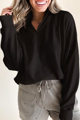 Black Zipped Neck Pullover Drop Shoulder Sweatshirt Sweatshirts & Hoodies JT's Designer Fashion