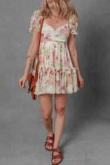 White Vibrant Floral Bubble Sleeve Sweetheart Neck Ruffle Mini Dress Floral Dresses JT's Designer Fashion