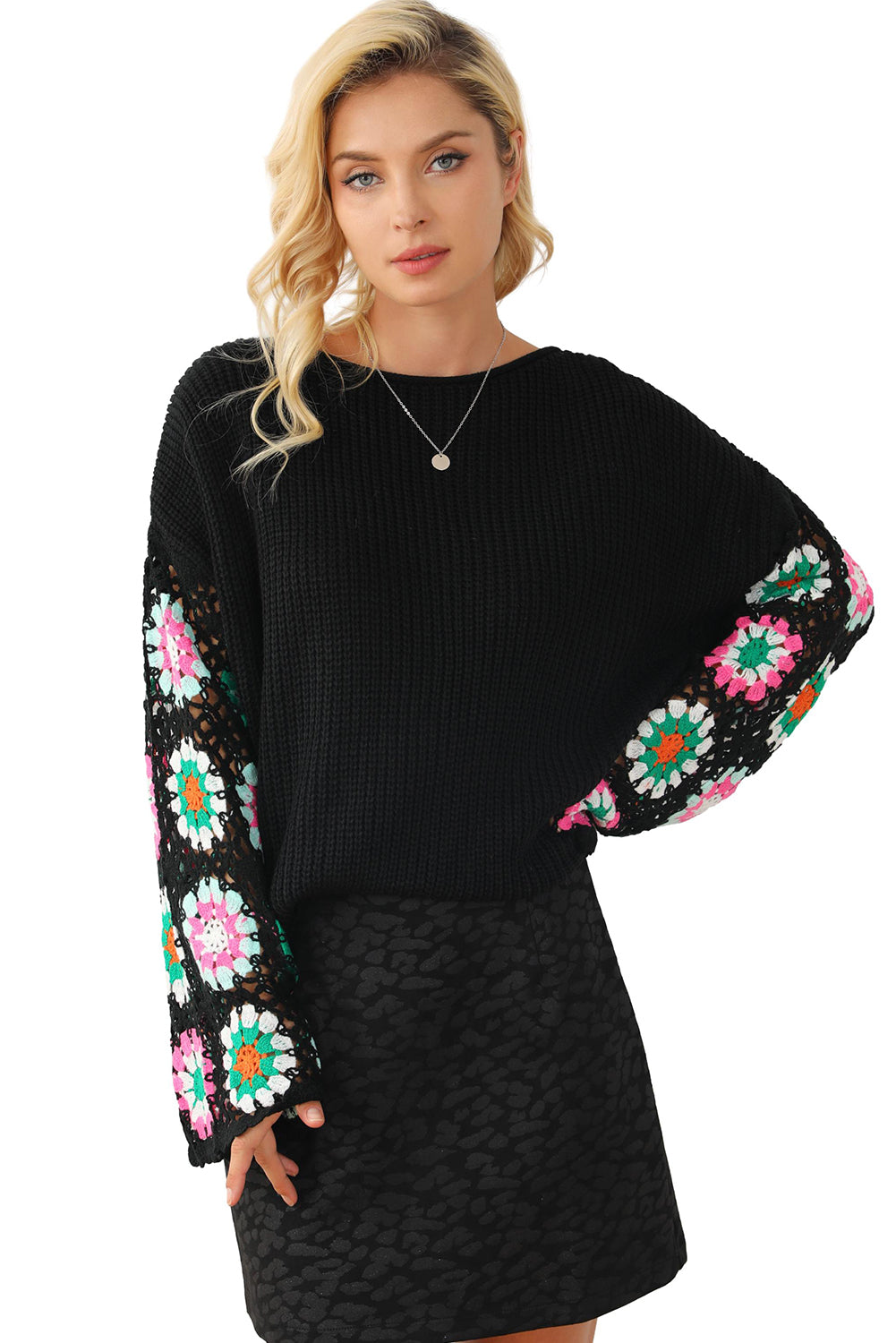 Black Floral Crochet Bell Sleeve Loose Sweater Sweaters JT's Designer Fashion