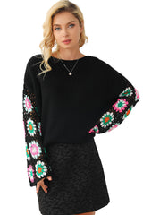 Black Floral Crochet Bell Sleeve Loose Sweater Sweaters JT's Designer Fashion