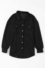 Black Solid Textured Flap Pocket Buttoned Shacket Jackets JT's Designer Fashion