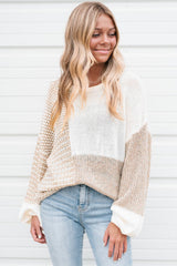 Oatmeal Mixed Pattern Knit Tie Keyhole Drop Shoulder Sweater Sweaters JT's Designer Fashion