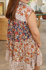 Beige Plus Size Floral Patchwork Button Front Collared Mini Dress Plus Size Mini Dresses JT's Designer Fashion