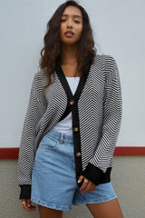 White Stripe Buttoned Front V Neck Herringbone Cardigan Cardigans JT's Designer Fashion