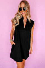 Black Solid Color Collared Slit Neck Sleeveless Mini Dress Mini Dresses JT's Designer Fashion