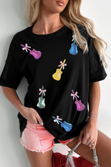 Black Sequined Bow Guitar Country Music Festival Casual Tee Graphic Tees JT's Designer Fashion