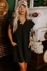 Black Ruffle Sleeve V Neck Frilled Shift Dress Mini Dresses JT's Designer Fashion