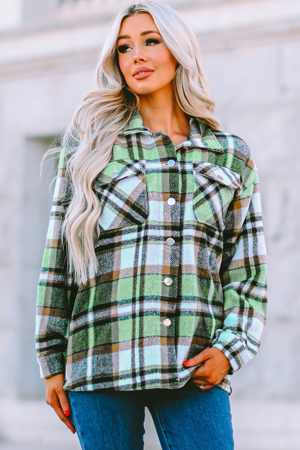 Green Geometric Plaid Print Pocketed Shacket Plaid Shackets JT's Designer Fashion