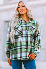 Green Geometric Plaid Print Pocketed Shacket Plaid Shackets JT's Designer Fashion