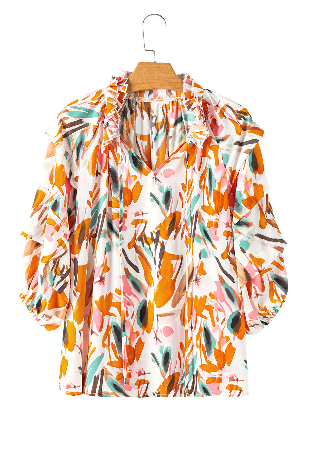 Yellow Abstract Print Drawstring Frilled V Neck 3/4 Sleeve Blouse Blouses & Shirts JT's Designer Fashion