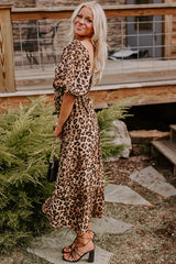 Brown Leopard Print Bubble Sleeve Square Neck Long Dress Maxi Dresses JT's Designer Fashion