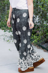 Black Plus Size Geometric Ethnic Print Drawstring Wide Leg Pants Plus Size Bottoms JT's Designer Fashion