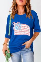 Dark Blue Bowknot Floral American Flag Print Side Slit 4th July T Shirt Graphic Tees JT's Designer Fashion