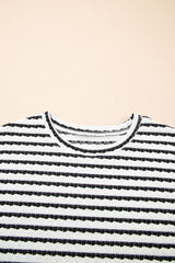 Black Stripe Knitted Short Sleeve Top and Drawstring Shorts Set Short Sets JT's Designer Fashion