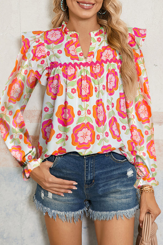 Rose Floral Printed Ruffled Long Sleeve Blouse Rose 100%Polyester Blouses & Shirts JT's Designer Fashion