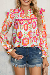 Rose Floral Printed Ruffled Long Sleeve Blouse Rose 100%Polyester Blouses & Shirts JT's Designer Fashion