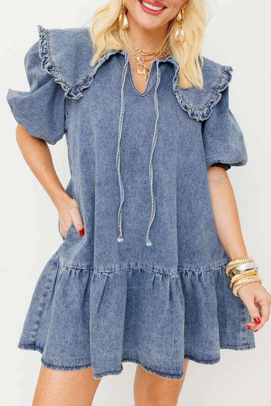 Dusk Blue Ruffled Collared Side Pockets Puff Sleeve Denim Mini Dress Mini Dresses JT's Designer Fashion