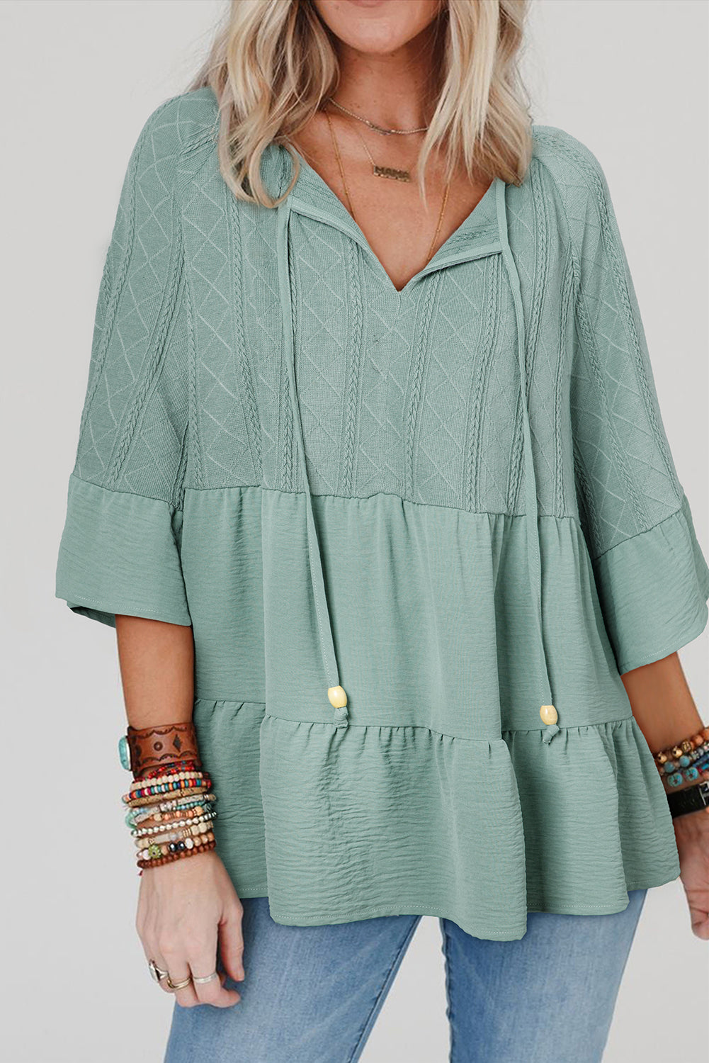 Laurel Green Tie Split Neck Textured Ruffle Patchwork Blouse Blouses & Shirts JT's Designer Fashion