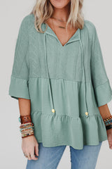 Laurel Green Tie Split Neck Textured Ruffle Patchwork Blouse Blouses & Shirts JT's Designer Fashion
