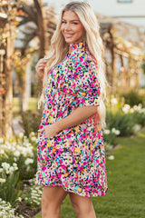 Pink Floral Puff Short Sleeve V Neck Mini Dress Floral Dresses JT's Designer Fashion
