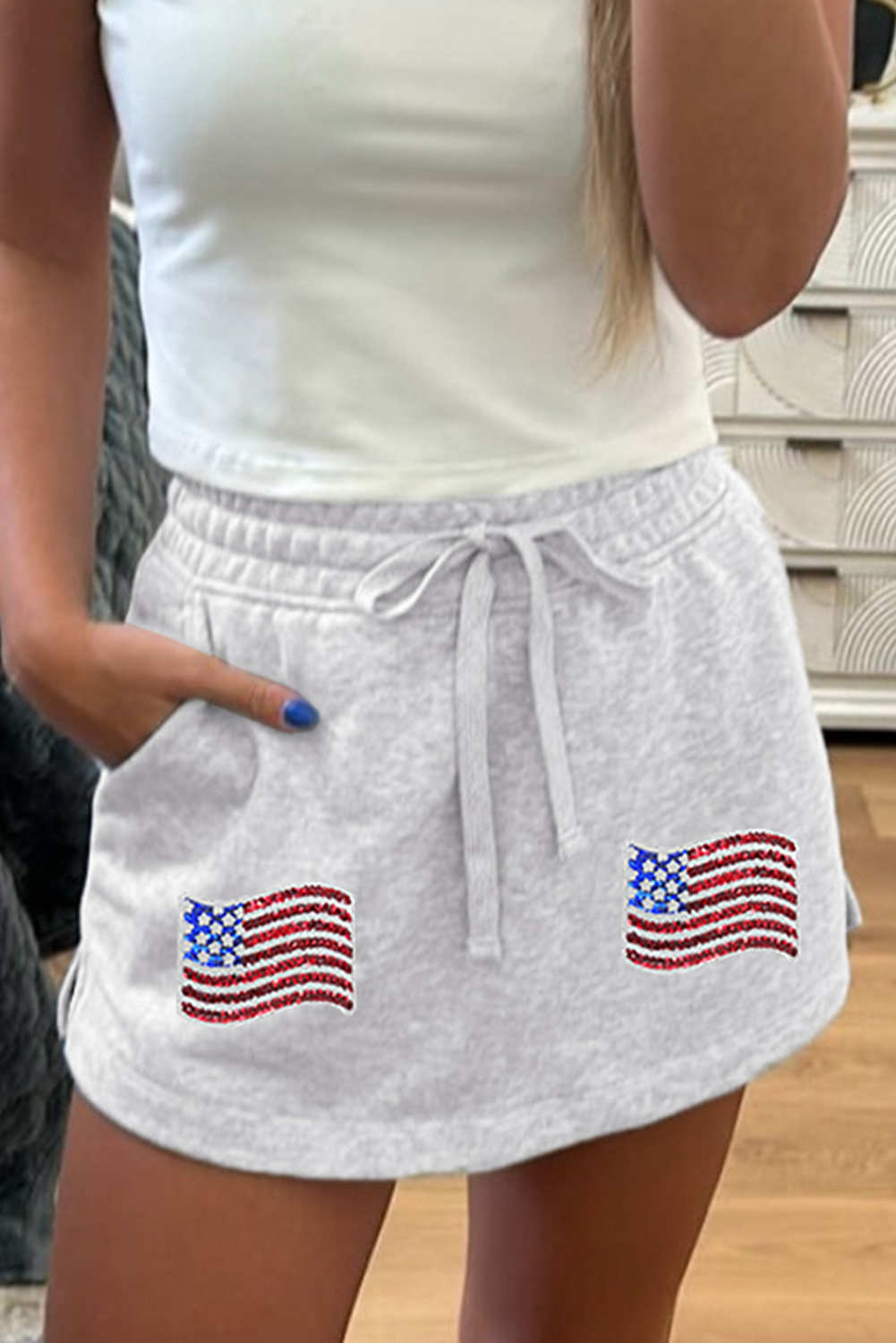 Light Grey American Flag Patched Lace-up High Waist Skort Graphic Pants JT's Designer Fashion