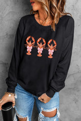 Black Cute Bow Crawfish Printed Drop Shoulder Sweatshirt Graphic Sweatshirts JT's Designer Fashion