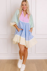 Multicolour Striped Patchwork Ric Rac Puff Sleeve Collared Mini Dress Mini Dresses JT's Designer Fashion