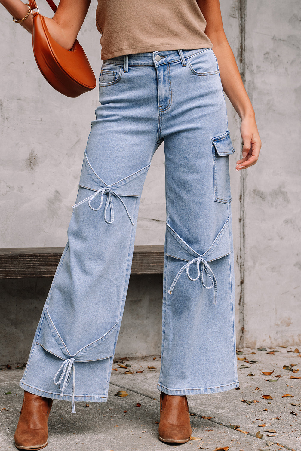 Beau Blue Bowknot Decor Boyfriend Cargo Jeans Jeans JT's Designer Fashion