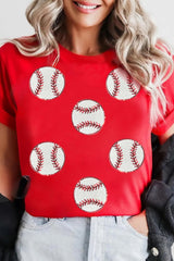 Red Glittering Rugby Pattern Crew Neck Game Day T Shirt Graphic Tees JT's Designer Fashion