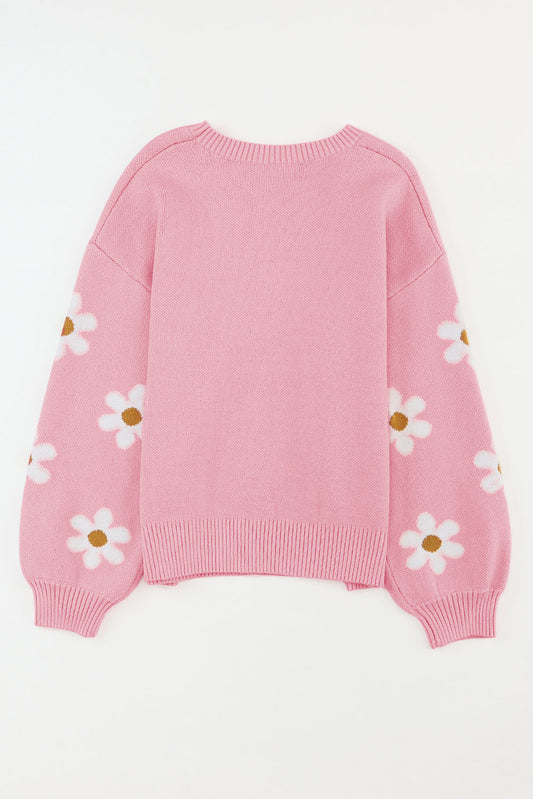 Pink Floral Pattern Drop Shoulder Sweater Sweaters JT's Designer Fashion