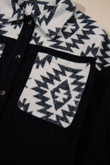 Black Aztec Patchwork Buttoned Corduroy Shacket Jackets JT's Designer Fashion
